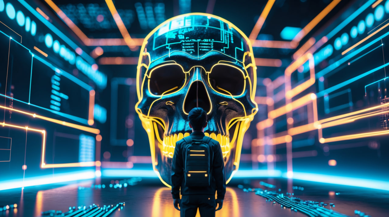 Новичок смотрит на сложную схему, иллюстрируя, как начать карьеру в кибербезопасности с нуля.